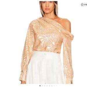 Jonathan Simkhai Metallic One Shoulder Blouse in Apricot